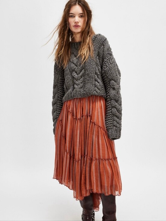 Free People Dresses & Skirts - Free People FP One Ember Printed Midi Skirt Pleated Striped Burnt Orange Size S